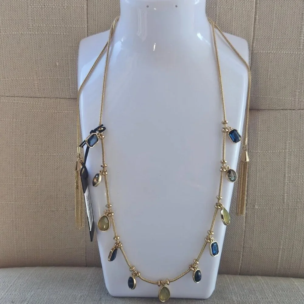 Nordstrom Women Necklace Gold Tone Blue and Yellow Tone Faux Stone Fashion New